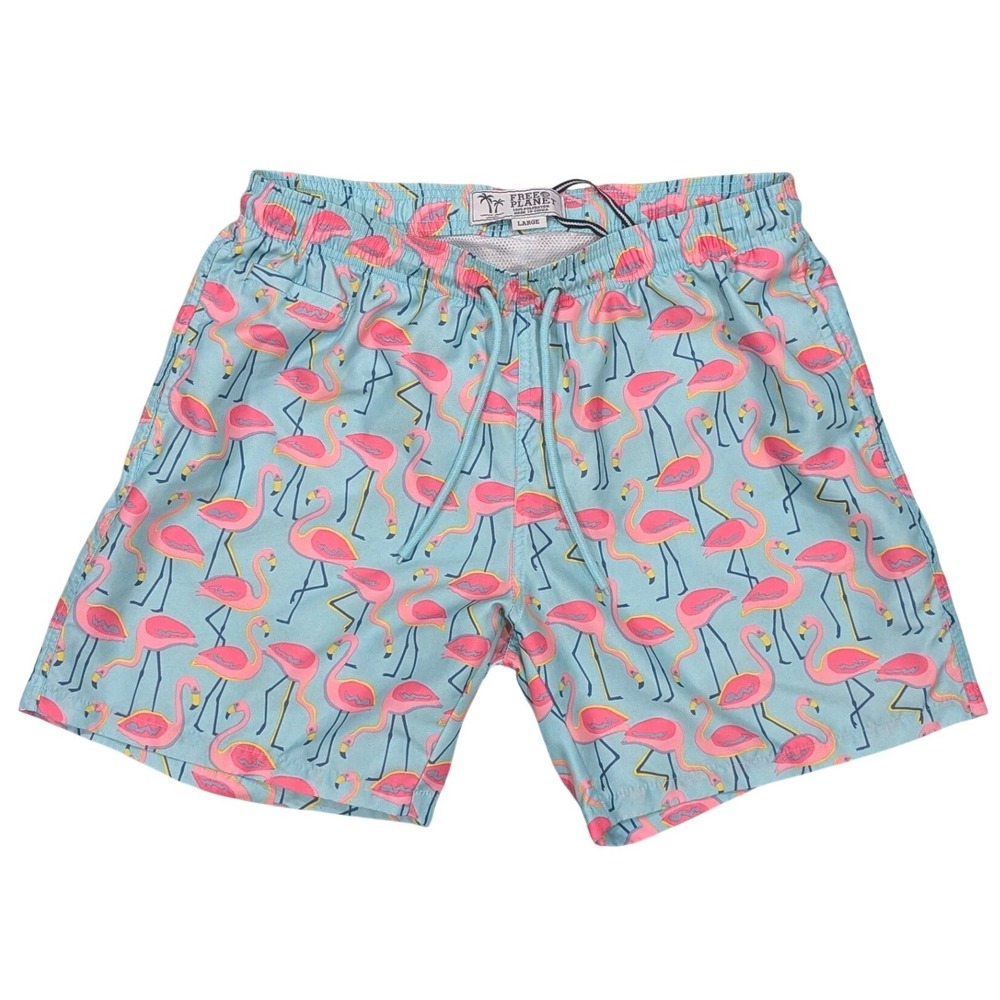 Free Planet Men's Flamingo Swim‎ Trunks Blue Large Elastic Drawstring Waist